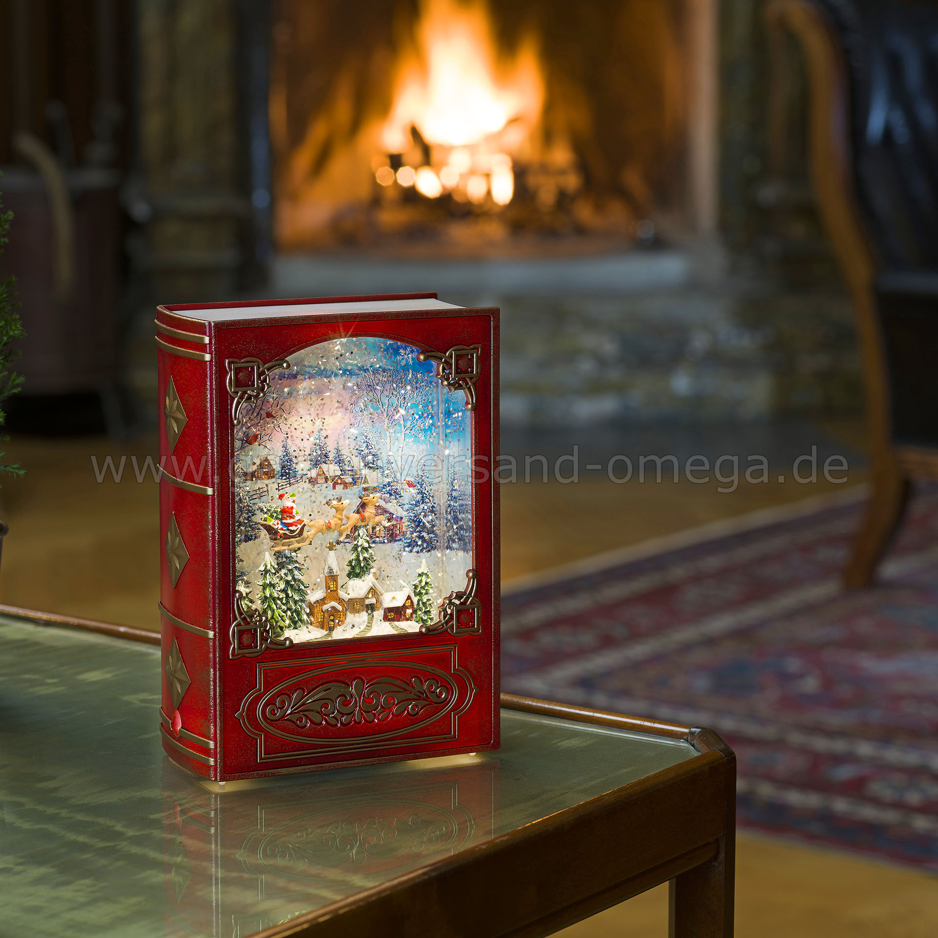 Anwendungsbeispiel wassergefüllte LED-Dekoration Buch Motiv "Weihnachtsmann im Schlitten mit Rentiere"