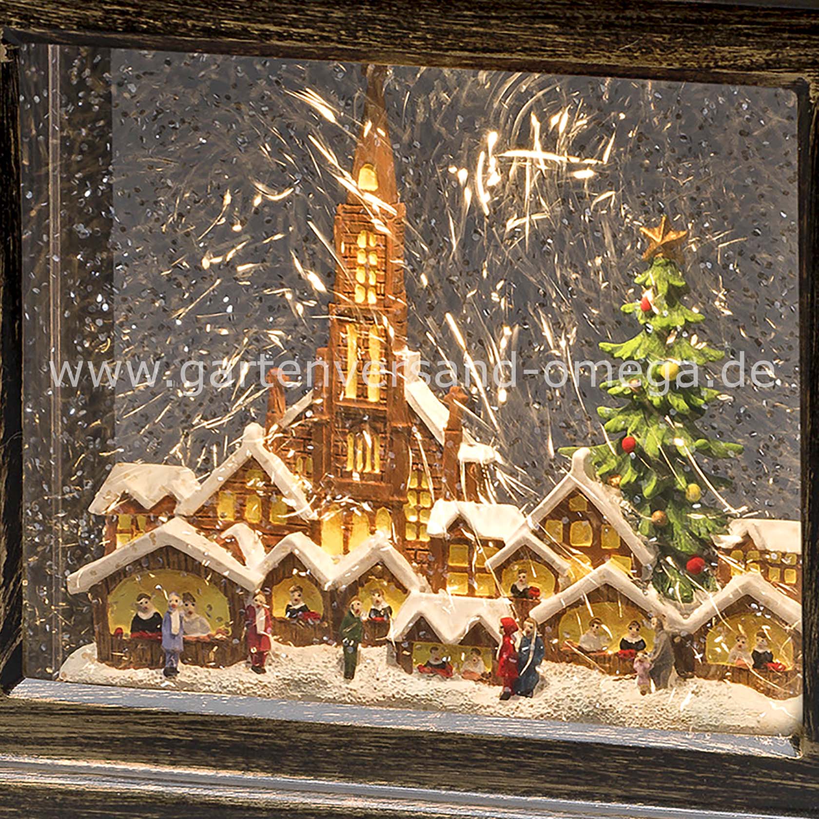 Motiv im Detail von LED Schneelaterne Kirche und Weihnachtsmarkt