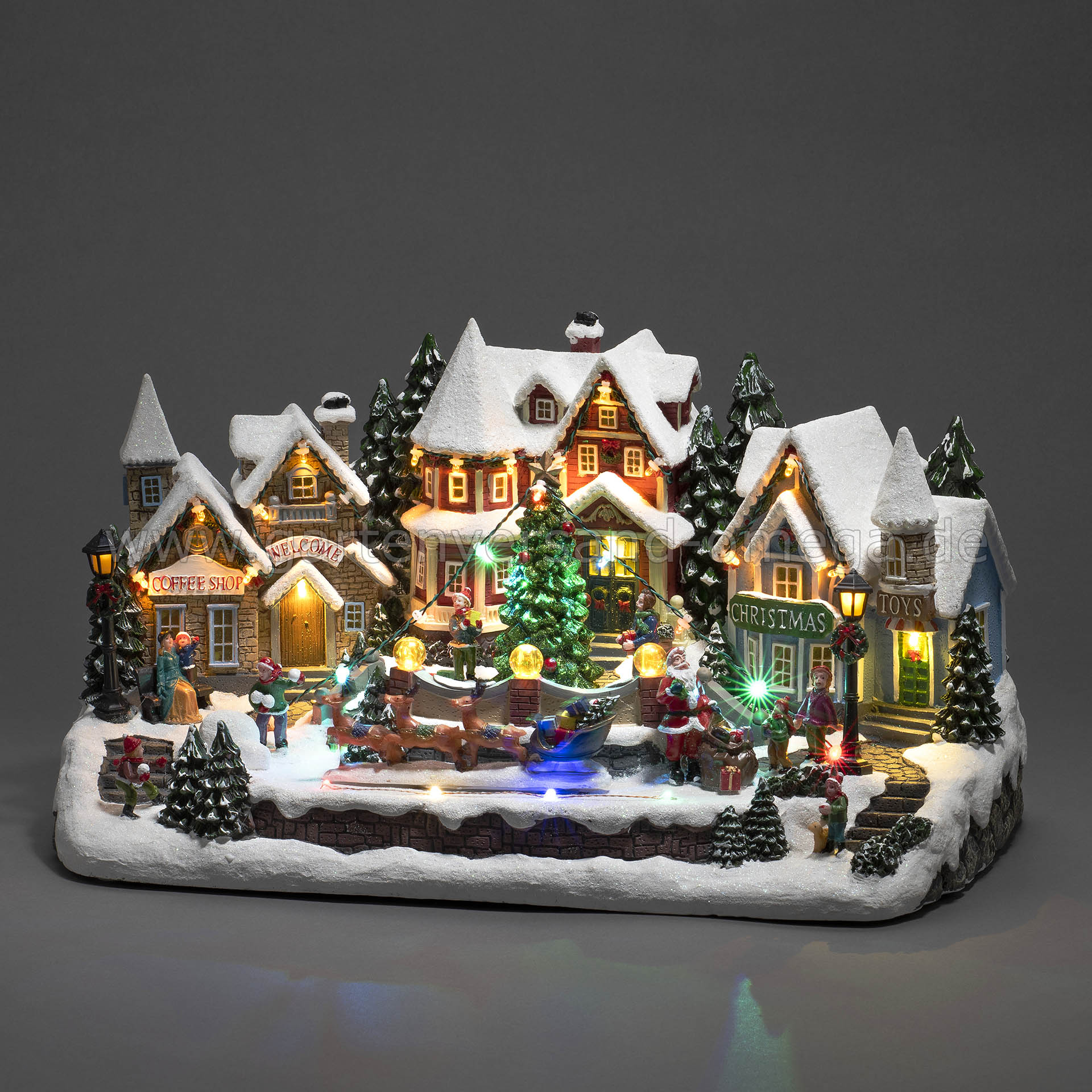 LED-Szenerie Häuser - bewegtem Dekohäuschen mit Winterlandschaft Weihnachtshäuschen Dekoration mit Rentierschlitten Weihnachten Omega Weihnachtsbeleuchtung Gartenversand Polyresin Weihnachten, Häuser, Animation, beleuchtet, Musik LED-Haus, und 